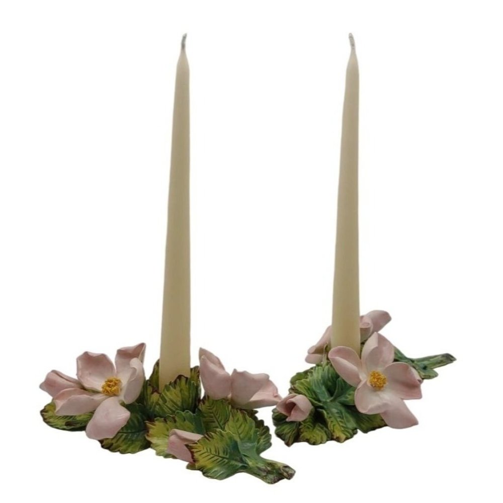Candle Holders Porcelain Italian Hand Made Pink Petals Signed Numbered 8 In Long